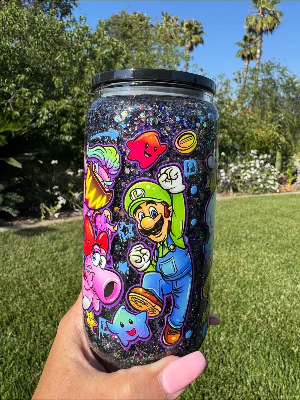 Mario Galaxy snow globe glass Tumbler 16oz